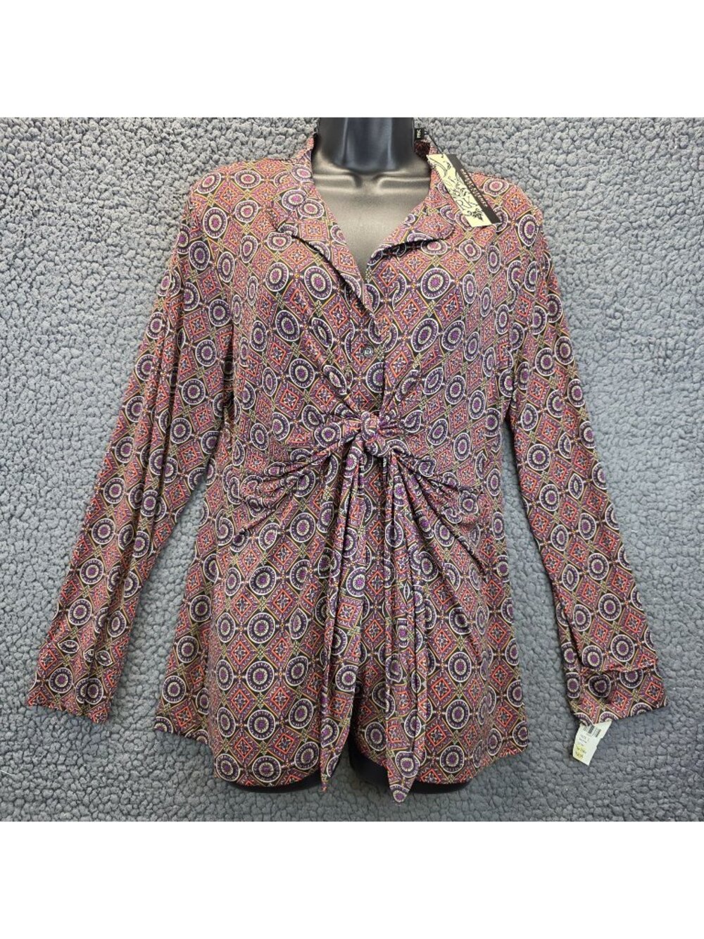 Robert Kitchen Medallion Print Knot Front Blouse L Purple Artsy Festival Office
